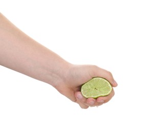 Photo of Woman squeezing lime on white background, closeup