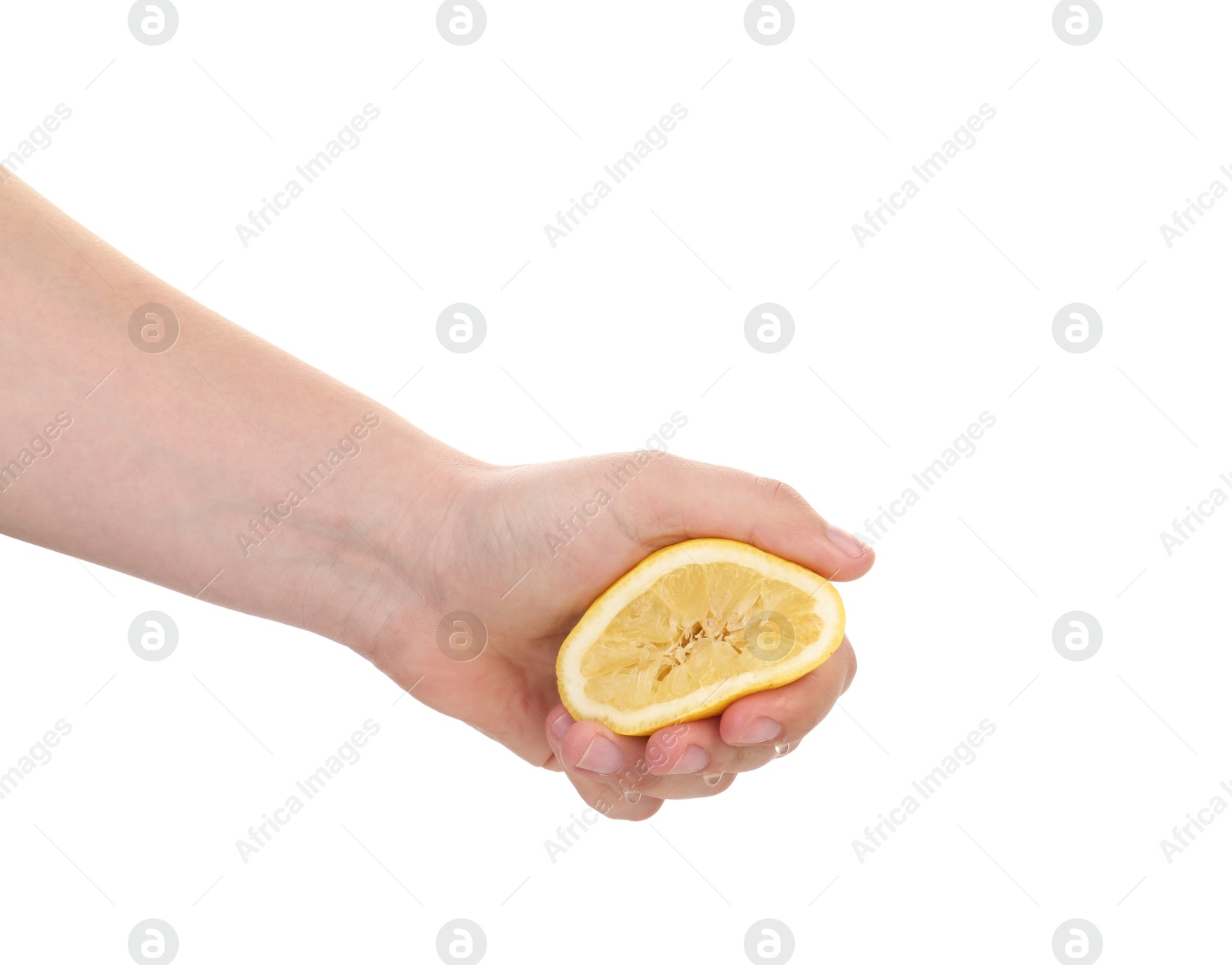 Woman squeezing lemon on white background, closeup Photo of Woman squeezing lemon on white background, closeup