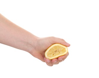 Photo of Woman squeezing lemon on white background, closeup