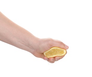 Photo of Woman squeezing lemon on white background, closeup