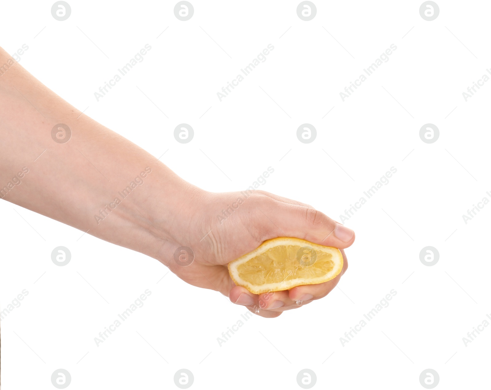 Woman squeezing lemon on white background, closeup Photo of Woman squeezing lemon on white background, closeup
