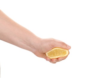 Photo of Woman squeezing lemon on white background, closeup