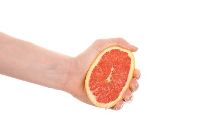 Photo of Woman squeezing grapefruit on white background, closeup
