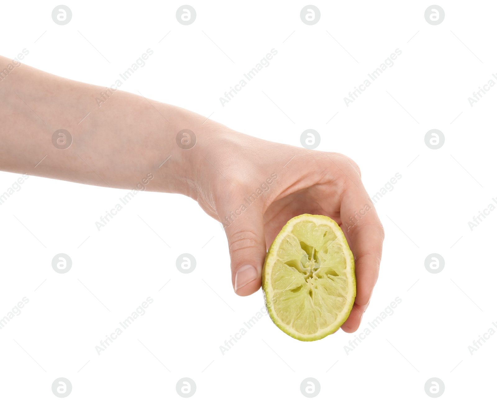 Woman squeezing lime on white background, closeup Photo of Woman squeezing lime on white background, closeup