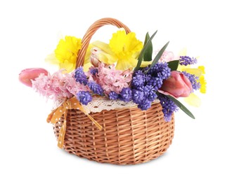 Photo of Beautiful colorful flowers in basket isolated on white