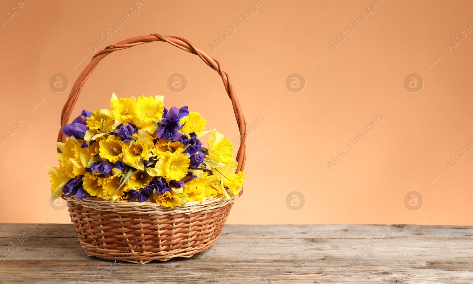 Wicker basket with beautiful flowers on wooden table against coral background. Space for text Photo of Wicker basket with beautiful flowers on wooden table against coral background. Space for text