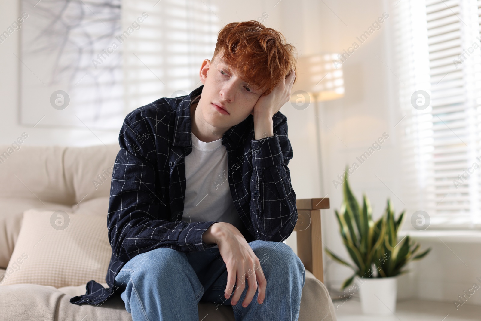 Teen problems. Depressed teenage boy on sofa at home Photo of Teen problems. Depressed teenage boy on sofa at home