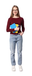 Photo of Teenage girl with books on white background