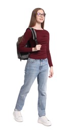 Photo of Teenage girl with backpack on white background