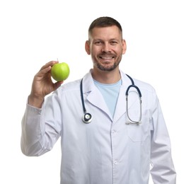 Photo of Nutritionist with green apple and stethoscope on white background