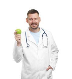 Photo of Nutritionist with green apple and stethoscope on white background
