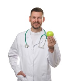 Photo of Nutritionist with green apple and stethoscope on white background