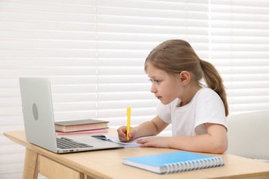 Photo of Little girl doing homework at table indoors