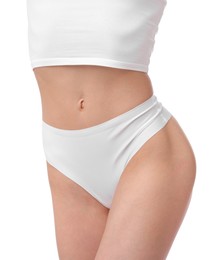 Photo of Woman with perfect slim body on white background, closeup