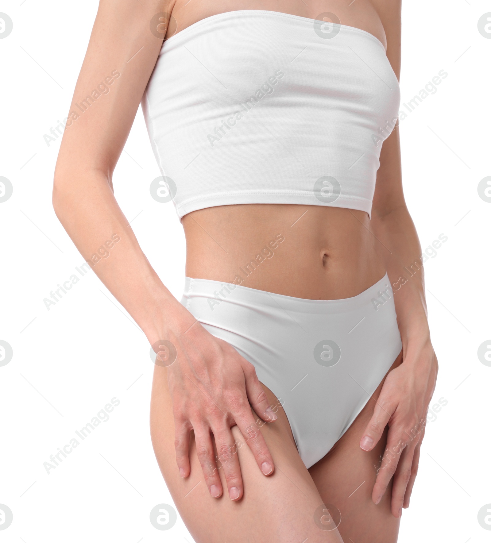 Photo of Woman with perfect slim body on white background, closeup