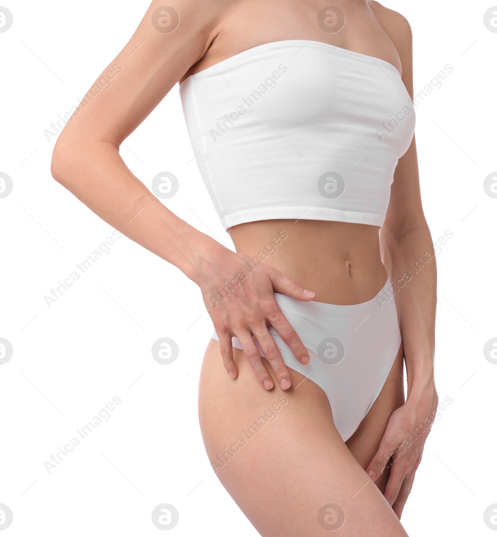 Photo of Woman with perfect slim body on white background, closeup