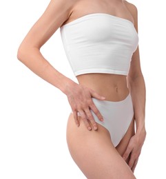 Photo of Woman with perfect slim body on white background, closeup