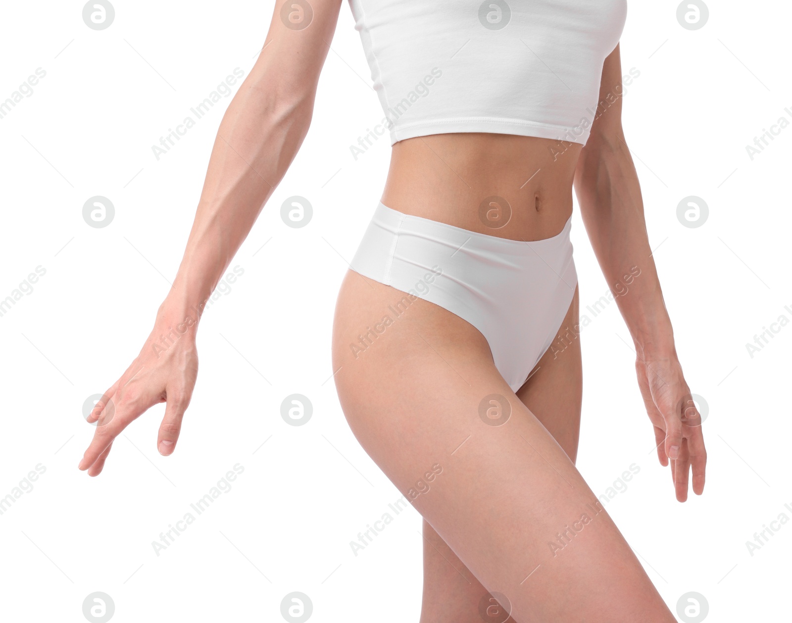 Photo of Woman with perfect slim body on white background, closeup