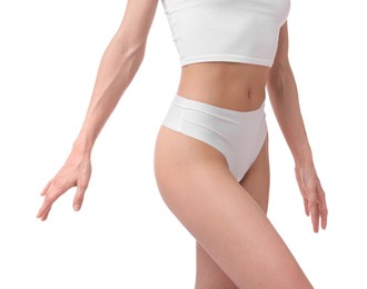 Photo of Woman with perfect slim body on white background, closeup