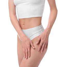 Photo of Woman with perfect slim body on white background, closeup