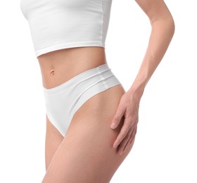 Photo of Woman with perfect slim body on white background, closeup