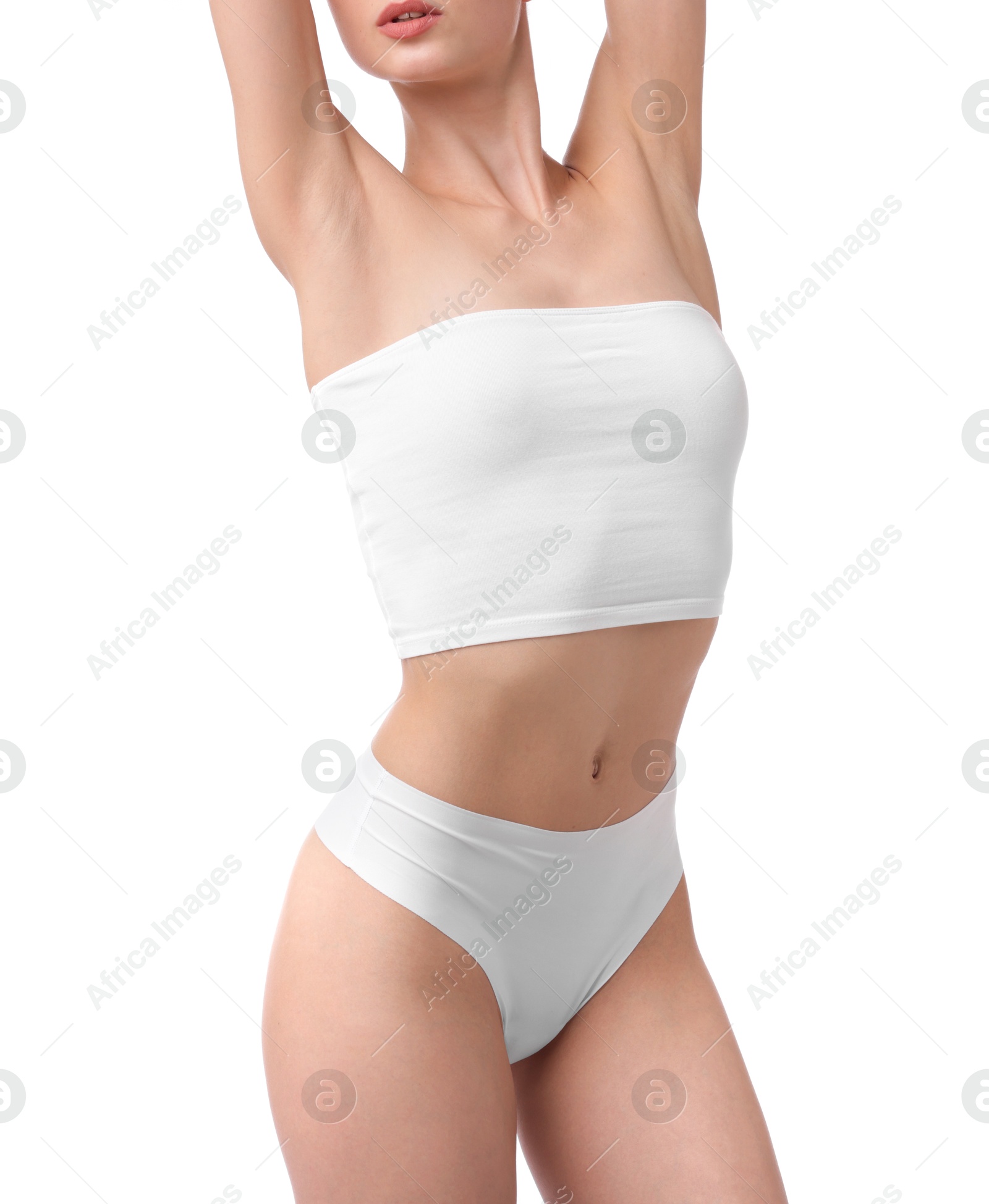 Photo of Woman with perfect slim body on white background, closeup