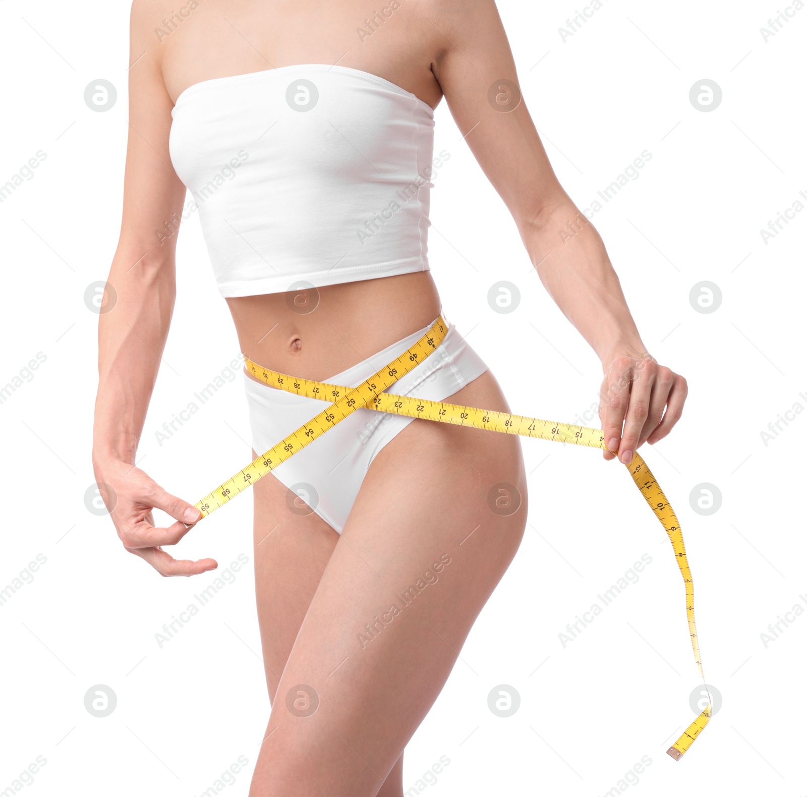 Photo of Woman with slim body and measuring tape on white background, closeup