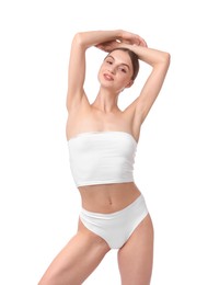 Photo of Beautiful woman with perfect slim body on white background