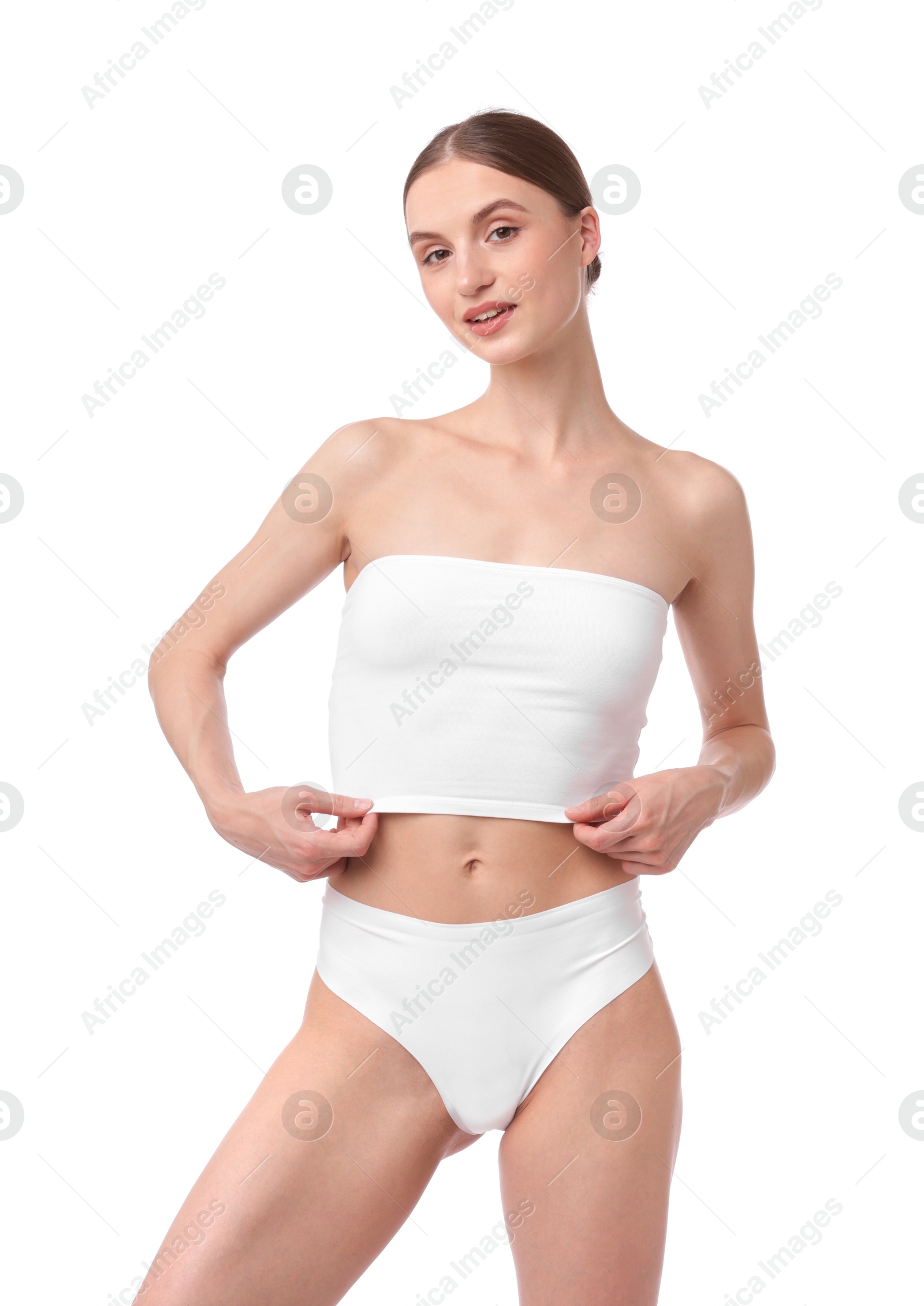 Beautiful woman with perfect slim body on white background Photo of Beautiful woman with perfect slim body on white background