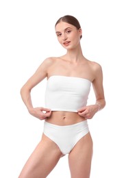 Photo of Beautiful woman with perfect slim body on white background
