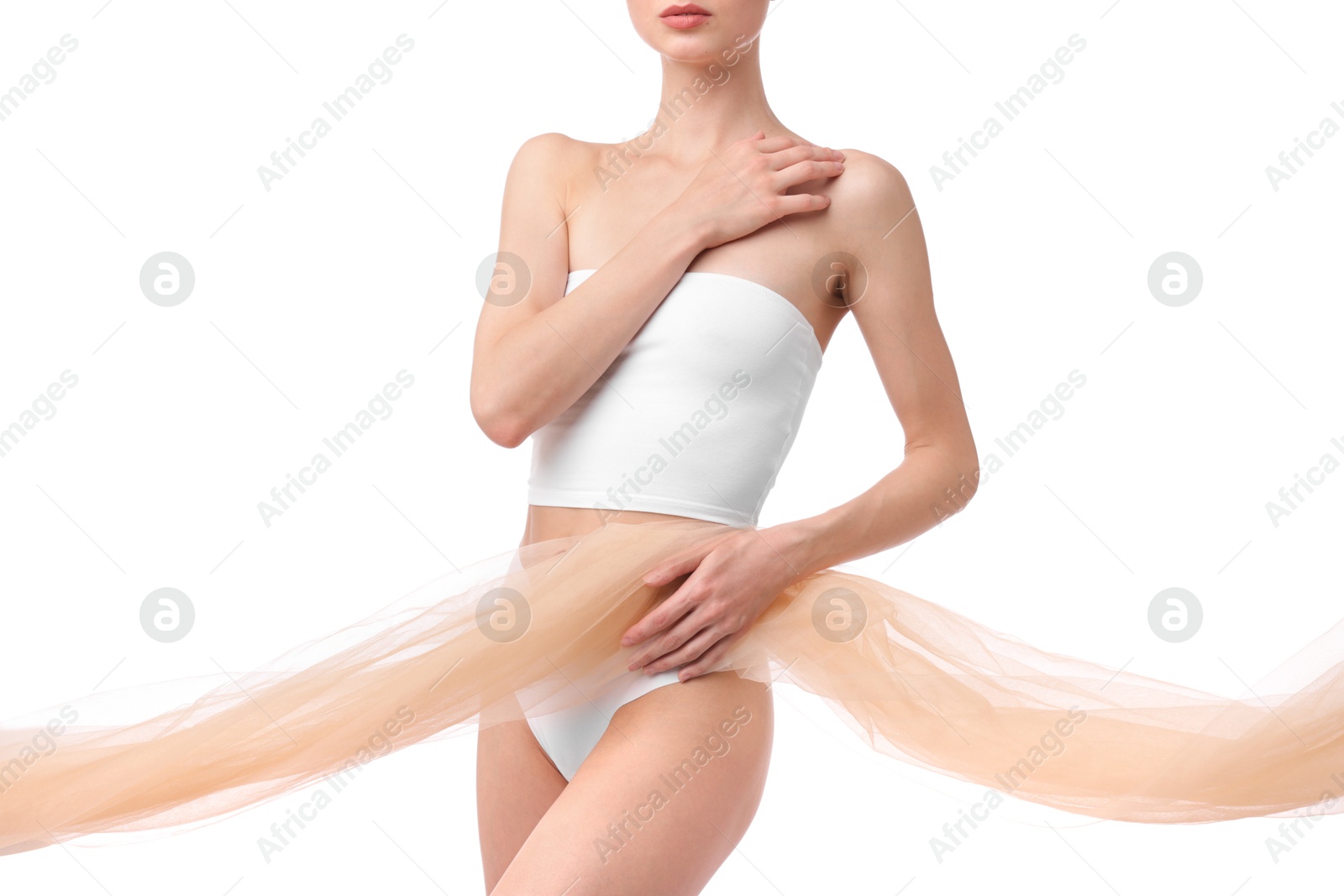 Photo of Young woman with beautiful fabric on white background, closeup