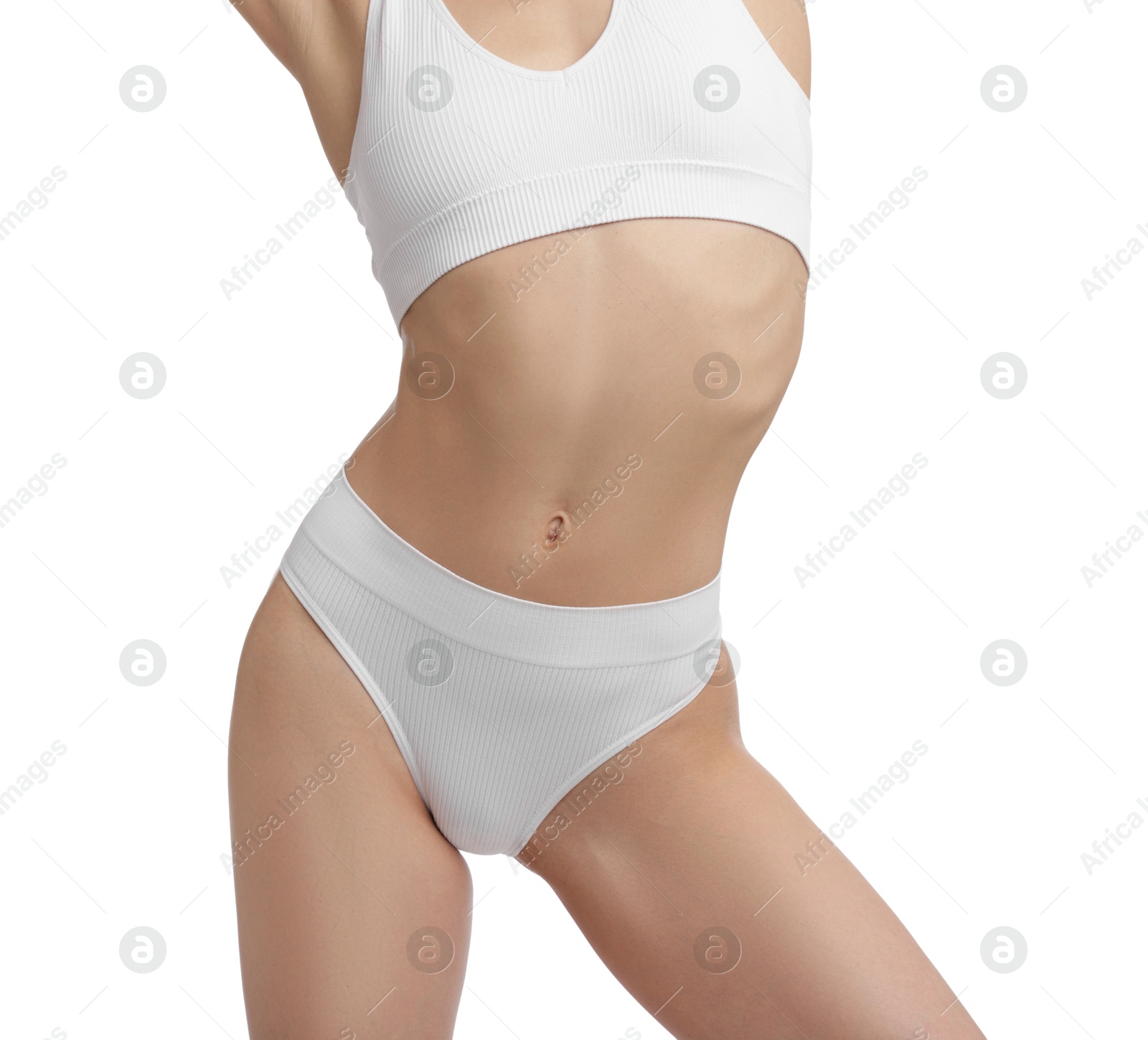 Photo of Woman with perfect slim body on white background, closeup