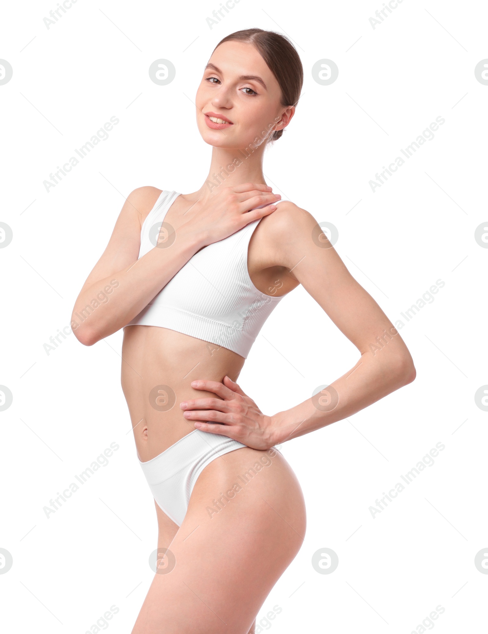 Beautiful woman with perfect slim body on white background Photo of Beautiful woman with perfect slim body on white background