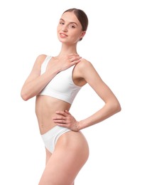 Photo of Beautiful woman with perfect slim body on white background