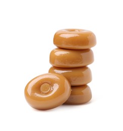 Photo of Tasty hard toffee candies isolated on white