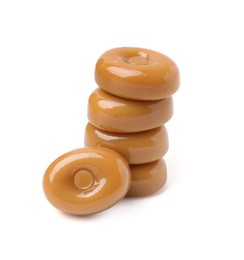 Photo of Tasty hard toffee candies isolated on white
