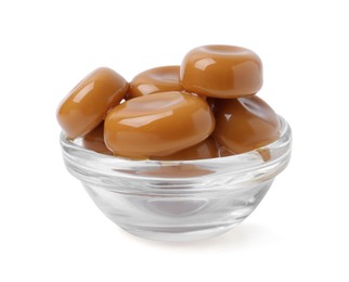 Photo of Tasty sweet caramel candies isolated on white