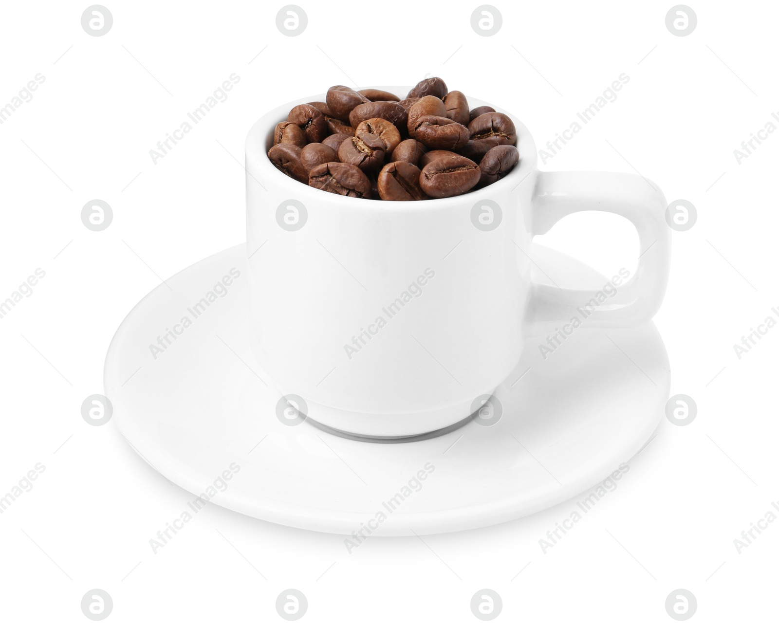 Aromatic coffee beans in cup isolated on white Photo of Aromatic coffee beans in cup isolated on white