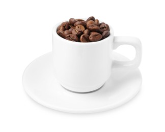Photo of Aromatic coffee beans in cup isolated on white