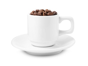 Photo of Aromatic coffee beans in cup isolated on white