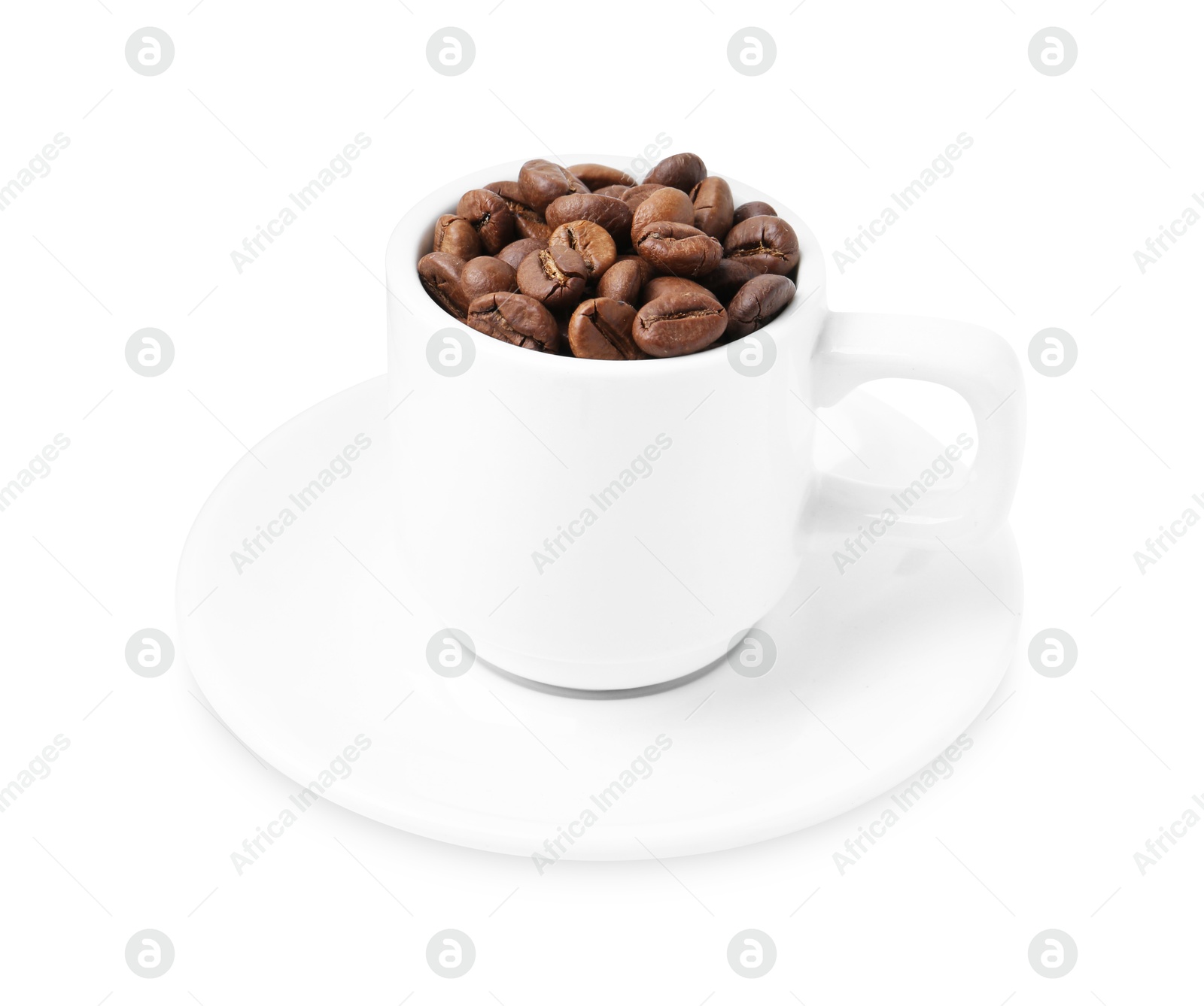 Aromatic coffee beans in cup isolated on white Photo of Aromatic coffee beans in cup isolated on white