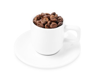 Photo of Aromatic coffee beans in cup isolated on white