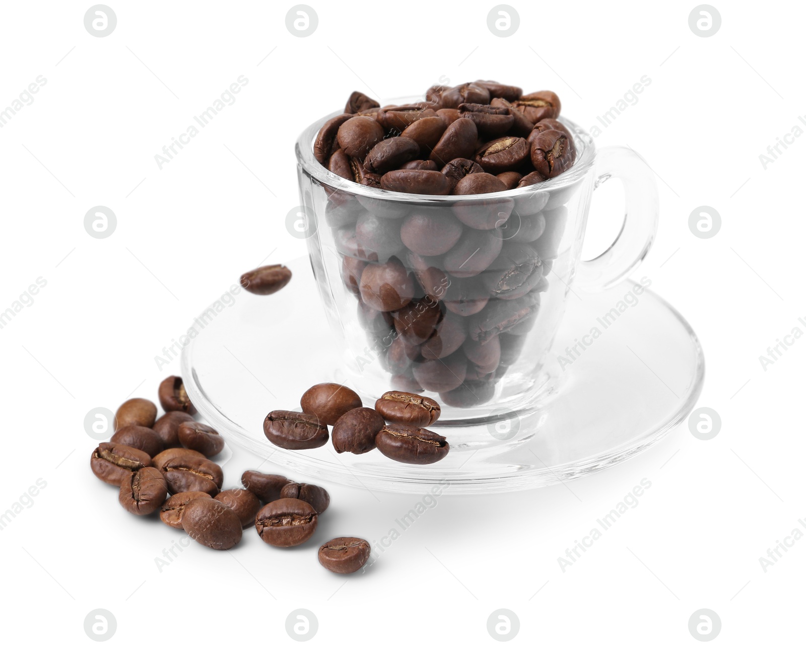 Aromatic coffee beans in cup and saucer isolated on white Photo of Aromatic coffee beans in cup and saucer isolated on white