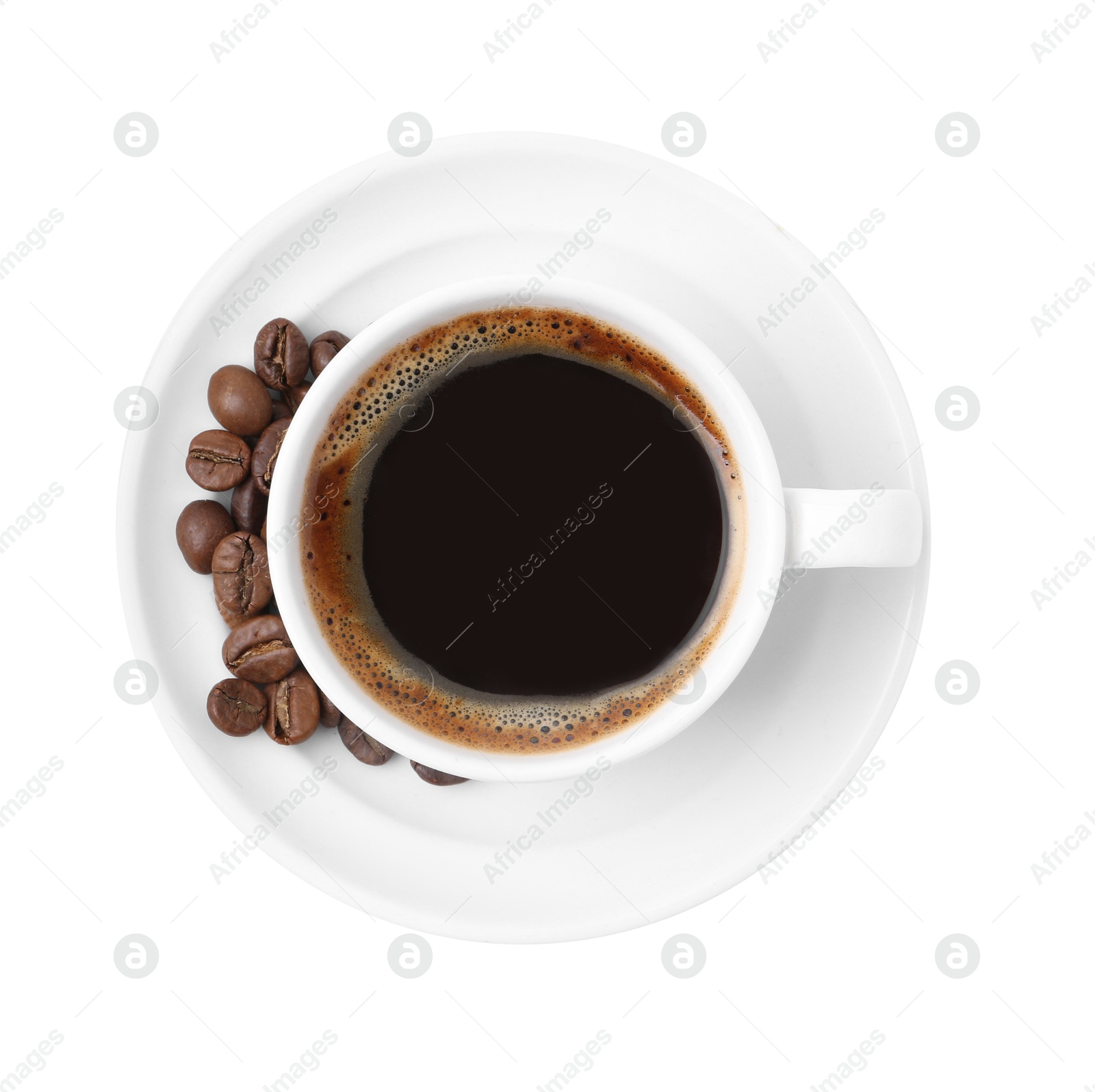 Aromatic coffee in cup, beans and saucer isolated on white, top view Photo of Aromatic coffee in cup, beans and saucer isolated on white, top view