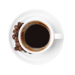 Photo of Aromatic coffee in cup, beans and saucer isolated on white, top view