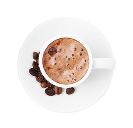 Photo of Aromatic coffee in cup, beans and saucer isolated on white, top view
