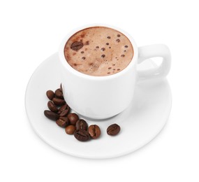 Photo of Aromatic coffee in cup, beans and saucer isolated on white