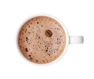 Photo of Aromatic coffee in cup isolated on white, top view