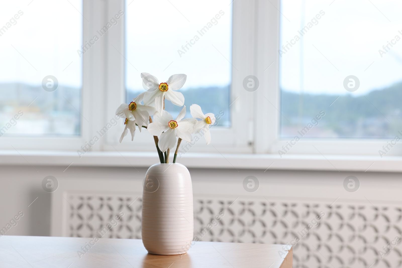 Beautiful daffodils in vase on wooden table at home. Space for text Photo of Beautiful daffodils in vase on wooden table at home. Space for text