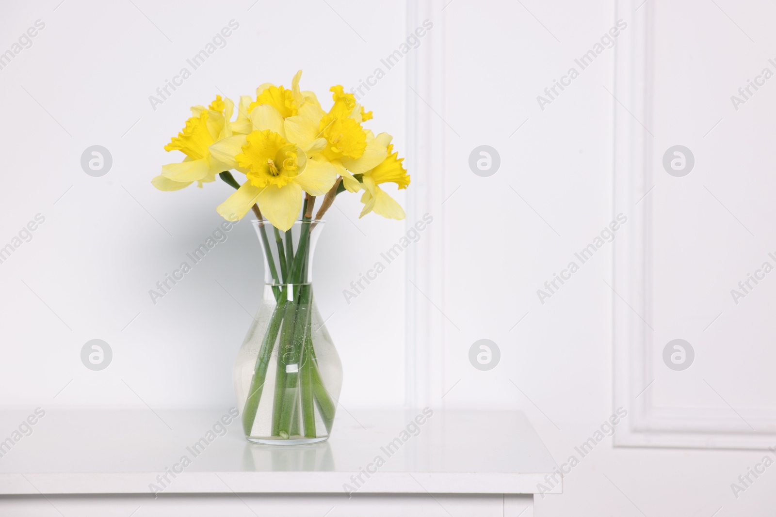Beautiful daffodils in vase on cabinet near white wall at home. Space for text Photo of Beautiful daffodils in vase on cabinet near white wall at home. Space for text